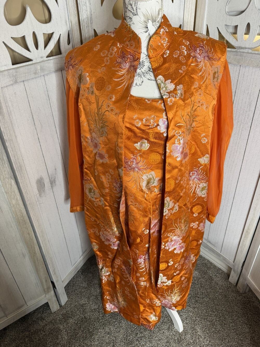 Vintage Orange Floral Brocade Dress Traditional Asian Style W/ Overcoat Large